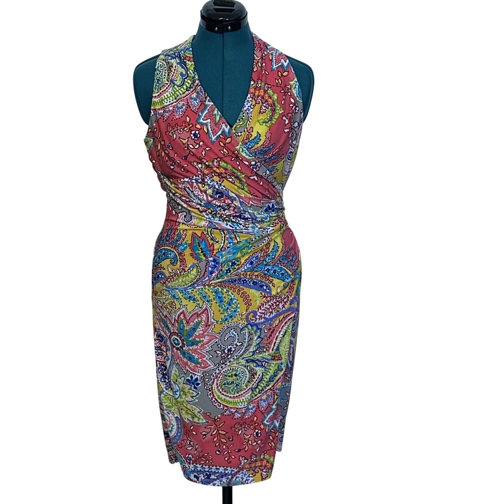 Lauren Ralph Lauren Dress‎ Womens 4 Multicolor Paisley Sleeveless Wrap Sheath